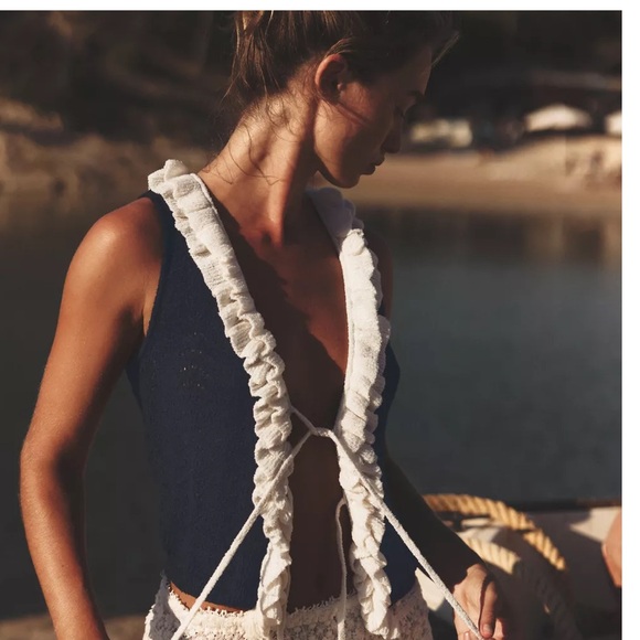 Navy and White Ruffled Top - Picture 3 of 5